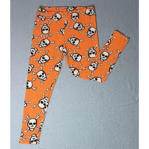 Lularoe Skull Yoga Leggings Womens Size Large Orange Stretchy Workout Gym